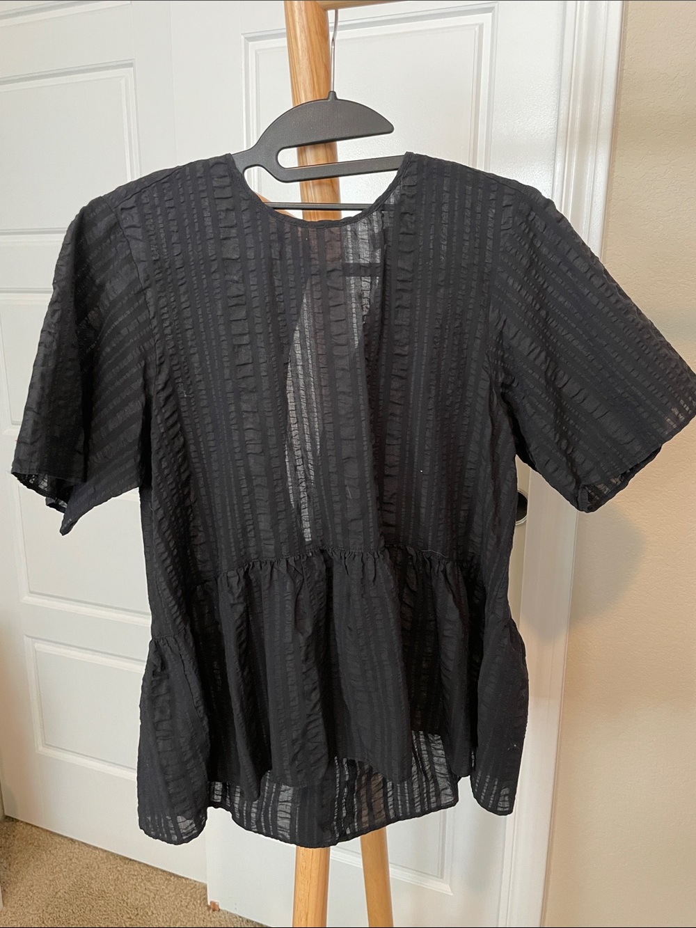 Black Sheer-Striped Peplum Top